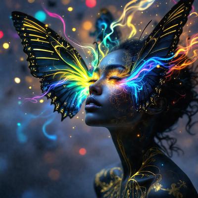 The primary subject of the image is a woman with a butterfly face, which is a unique and artistic visual style. The setting is a dark background, which contrasts with the vibrant colors of the butterfly face. The visual style is a combination of digital art and illustration, creating a surreal and dreamlike atmosphere. The colors and mood of the image are predominantly dark and mysterious, with the butterfly face being the main source of brightness and intrigue.